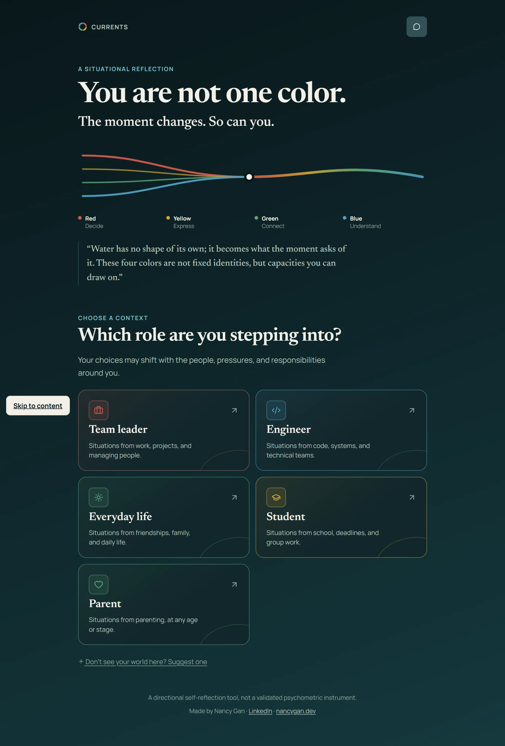 Currents opening screen and role selection
