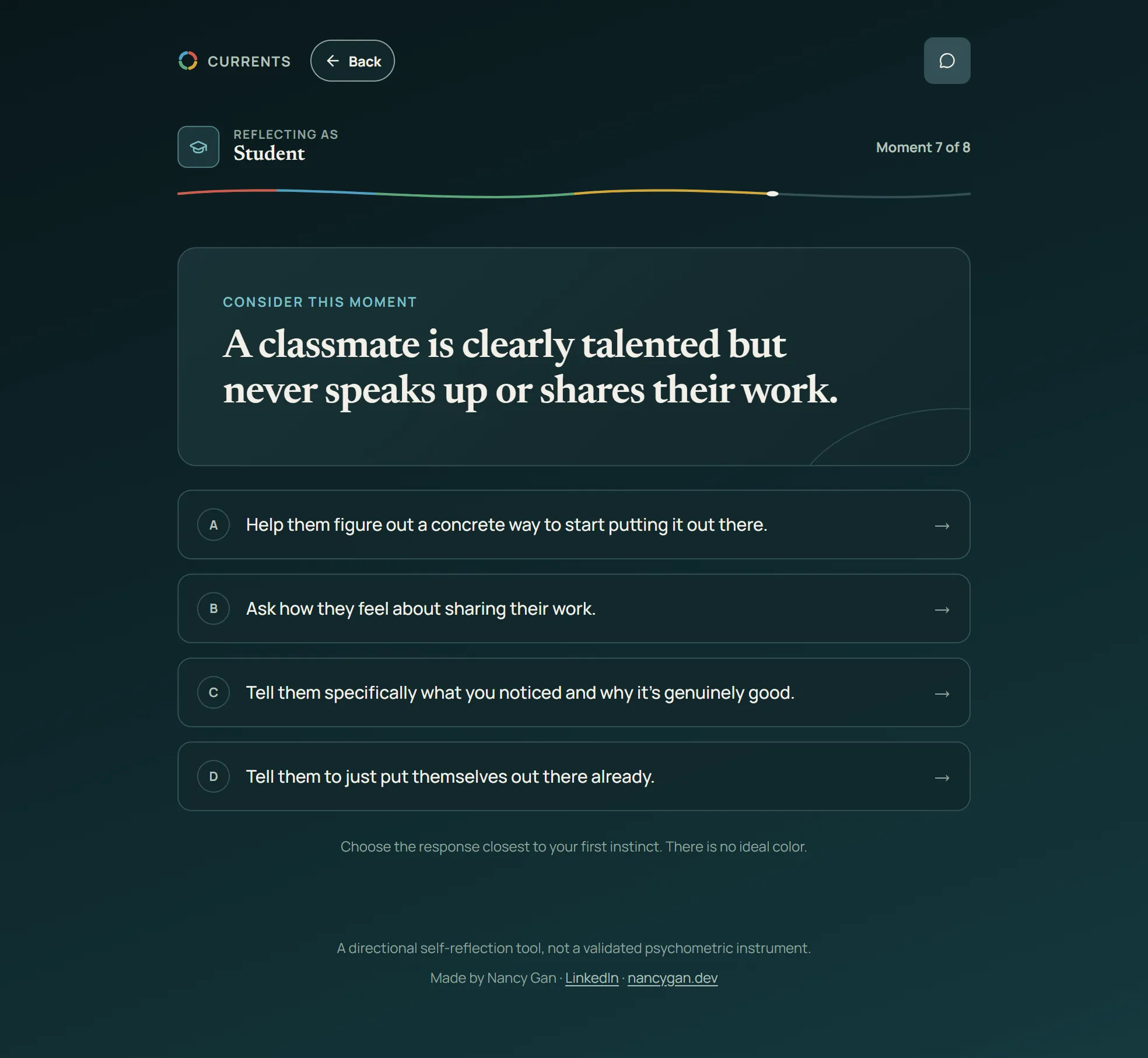 Currents self-reflection tool interface